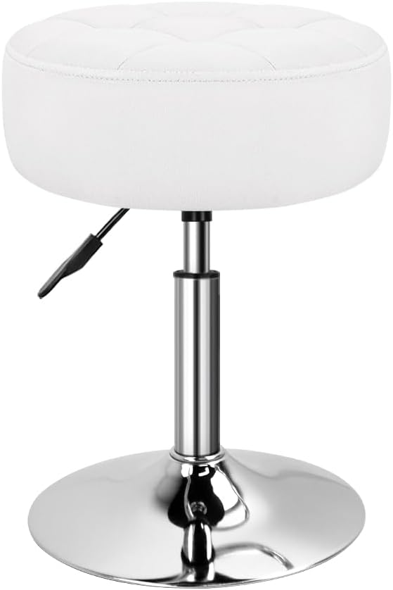 WKWKER Velvet Upholstered Vanity Stool Swivel Adjustable Makeup Stool for Makeup Room Small Round Ottoman for Living Room Makeup Chair for Bedroom SPA Salon Studio (White)