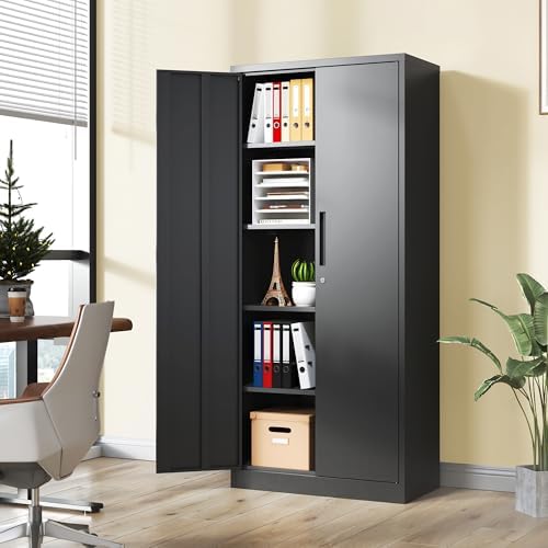 Metal Storage Cabinet with Lock, 71"H Garage Storage Cabinet, Black | St...