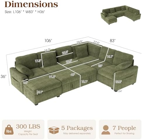 Ihanherry 7-Seater Large Sectional Sofa Bed with Storage Ottoman & Lovesc...