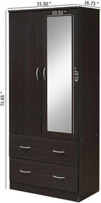 Pemberly Row 2 Door Armoire, 71.7 in H x 31.5 in W, Compressed Wood, Chocolate Finish, Garment Rod, Long Mirror, 2 Drawers with Metal Glides, Bedroom Wardrobe Closet Storage Organizer
