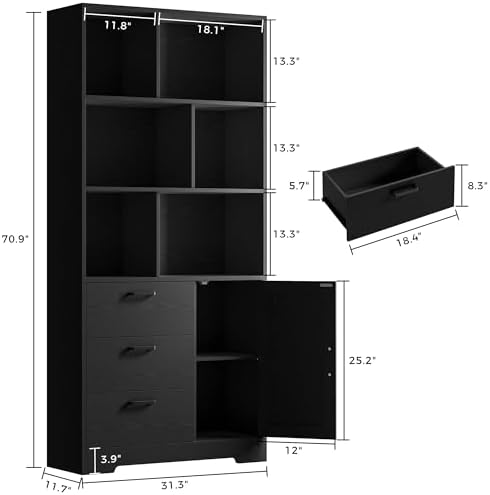 IRONCK 70.9-Inch Bookcase with Doors and 3 Drawers, Black