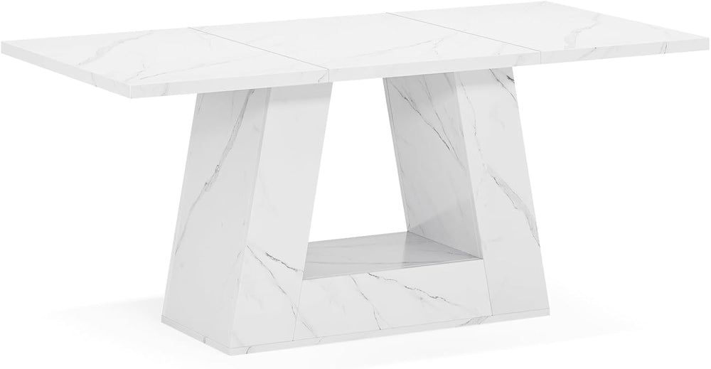 63" White Dining Table for 4-6 People, Modern Faux Marble Wooden Table w...