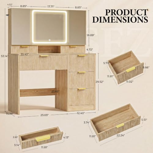 COMHOMA Vanity Desk with 3-Way Mirror and Lights, Makeup Vanity with 360° Vie...