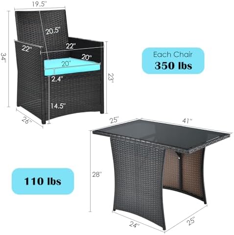 Tangkula 3 Pieces Patio Dining Set, Space-Saving PE Rattan Bistro Set with Te...