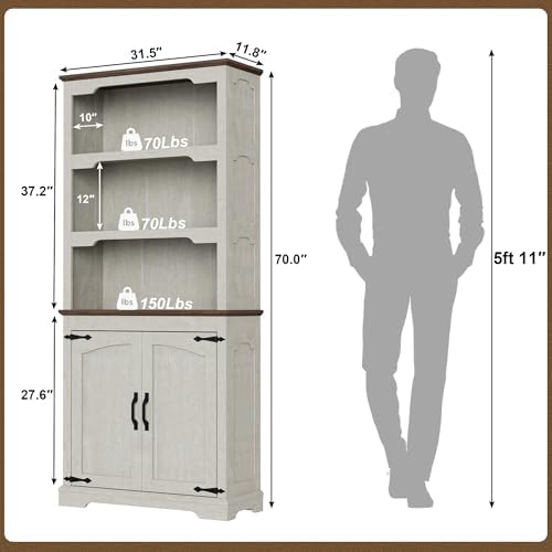 70” White Bookcase Bookshelf, 5-Tier Farmhouse Bookcases with Doors