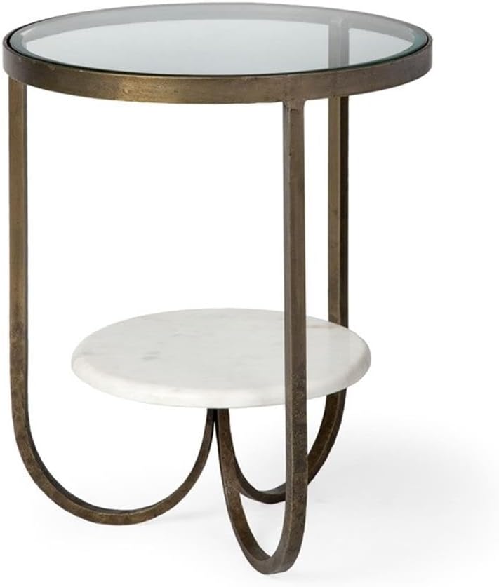 Pemberly Row Round Glass Top End Table, Gold Metal Frame with Marble Shelf, 2...