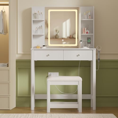 Vanity Desk with LED Mirror, 3 Lighting Modes and Chair | Small Makeup Vanity...