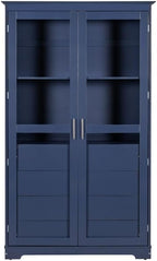 JIJIWANG Kitchen Pantry Cabinet,Coffee Bar Storage with Glass Doors and 4 Built-in Drawers,Food Pantry for Kitchen,Dining Room,Living Room and Garage,Home Office,Blue