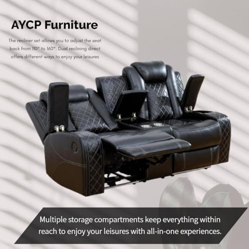 Power Recliner Set with LED Lights, Air Leather Reclining Set with USB Port/W...