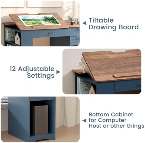 Drafting Table with Storage Cabinet & Drawers, Adjustable Drawing Desk wi...