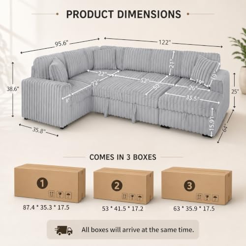 THSUPER 122-Inch Oversized U Shaped Plush Corduroy Fluffy Sectional Sleeper S...