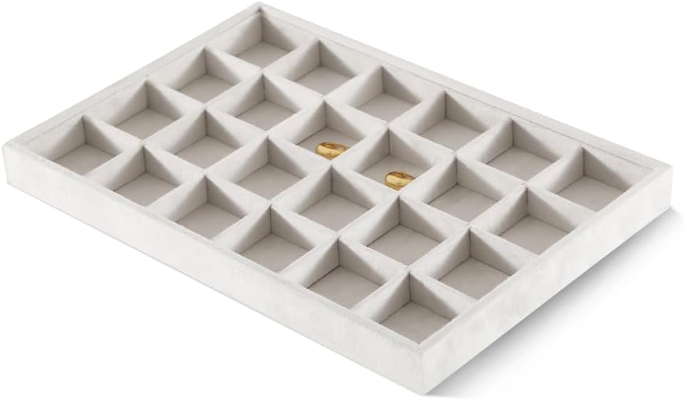 Velvet Stackable Jewelry Display Tray, 24 Grid Earring Ring Storage Tray, Drawer Divider Jewelry Accessories Organizer Plate (White)