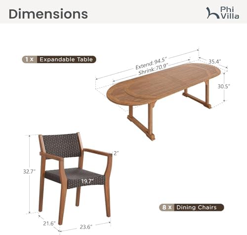 PHI VILLA Outdoor Dining Set for 8, Expandable Acacia Wood Table & Chairs