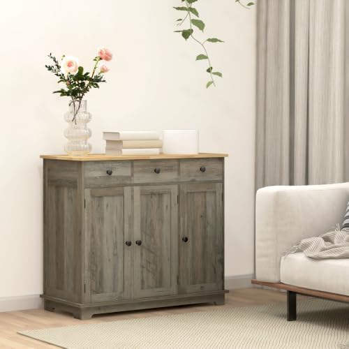 HOMCOM Sideboard Buffet Cabinet Solid Wood Countertop Distressed Gray