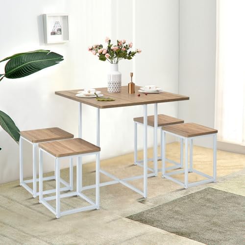 GIANTEX Dining Table Set for 4, Metal Frame, Space-Saving (Natural & White)