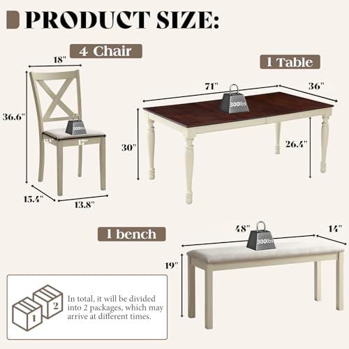 LUXOAK 6 Piece Solid Wood Dining Table Set with 71" Farmhouse Table