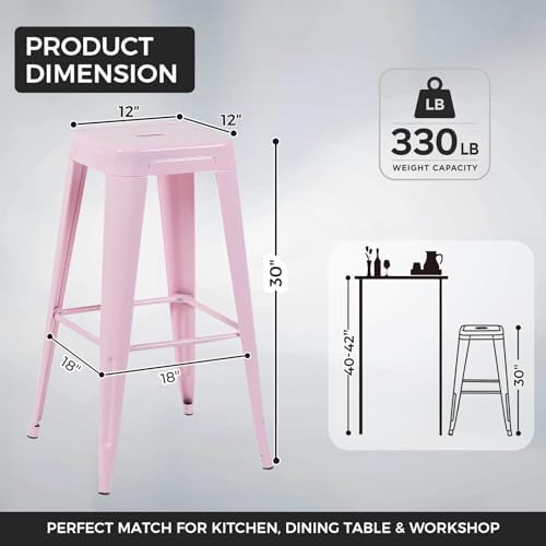 30 Inch Pink Metal Bar Stools, Set of 4, Backless