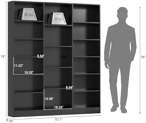 ELYKEN Triple Wide Bookshelf, Large 6 Tier Bookcase with 17 Shelves, Black