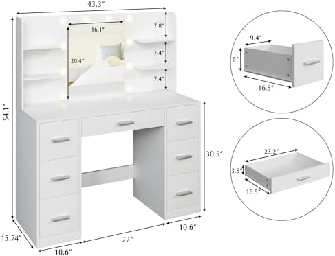 YESHOMY Vanity Desk with Mirror, Outlet, 10 Lights & 7 Drawers,Pure White...