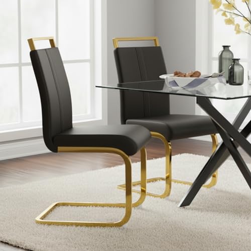 Set of 2 Modern Dining Chairs - Black PU Faux Leather Upholstered Armless Sid...