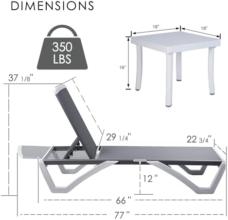 Kozyard 3-Piece Outdoor Chaise Lounge Set Fully Flat Adjustable Lounger | Alu...