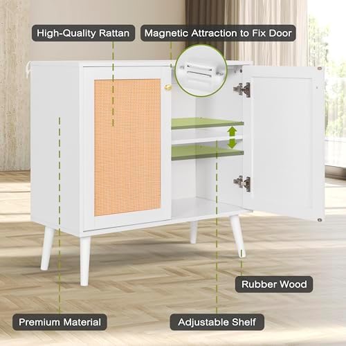 NUU GARDEN Boho Accent Storage Cabinet with Rattan Doors, Wood Grain Sideboar...