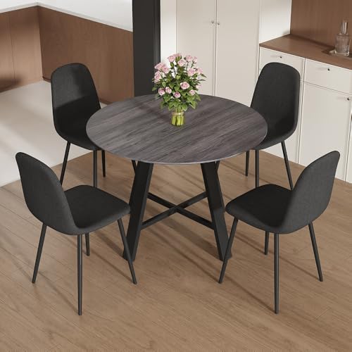Round Dining Table Set for 4, 5 Piece Kitchen Table and Chairs Set with 42 Inch Wood Grain Tabletop, Black Upholstered Chairs, Metal Frame Dining Room Furniture for Apartment, Breakfast Nook
