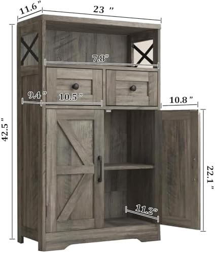 Grey Farmhouse Storage Cabinet with Doors and Drawers, Small Pantry Cabinet