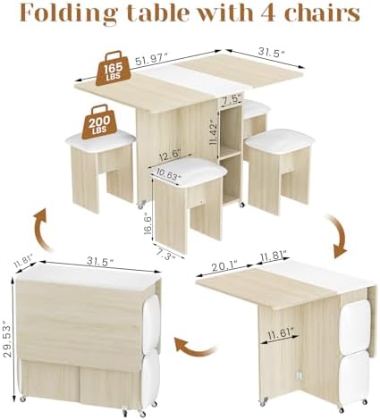 furlinkhm Folding Dining Table Set for 4, Dinner Table with 4 Leather Chairs ...