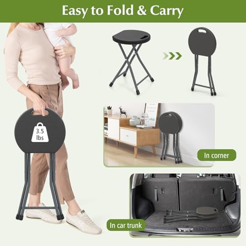 GYMAX Folding Stool, 18in Portable Collapsible Bar Stool with Handle & St...