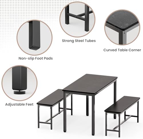 Dining Table Set for 4, Kitchen Table with 2 Benchs, Black