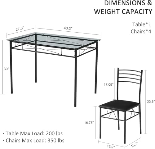 VECELO Dining Table Set for 4, 5-Piece Glass Kitchen Table with Upholstered P...