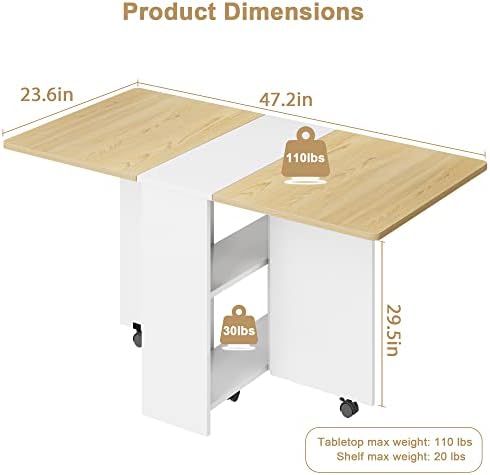 IDEALHOUSE FoldingTable, Drop Leaf Dining Table with 6 Wheels and 2-Layer Sto...