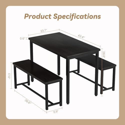 Recaceik 43.4" Dining Table Set for 4, Kitchen Table with 2 Benches, Black