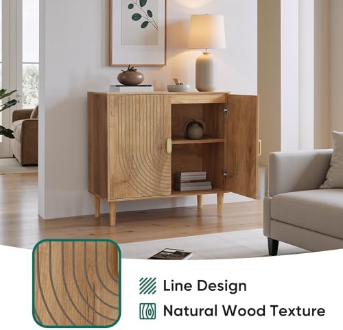 Smuxee Oak Sideboard Cabinet, Freestanding Buffet Cabinet with Line Groove De...