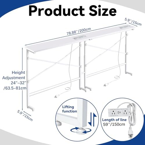 78.8inch Adjustable Height Narrow Sofa Side Table with 2 Power Outlets, Couch...