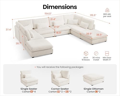 154" Oversize Corduroy Modular Sectional Sofa Couches for Living Room,White