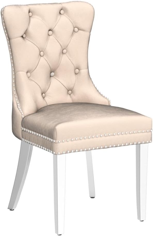 KCC Velvet Dining Chairs Set of 6, Upholstered High-end Tufted Dining Room Chair with Nailhead Back Ring Pull Trim Stainless Steel Legs, Contemporary Nikki Collection Modern Style for Kitchen, Beige
