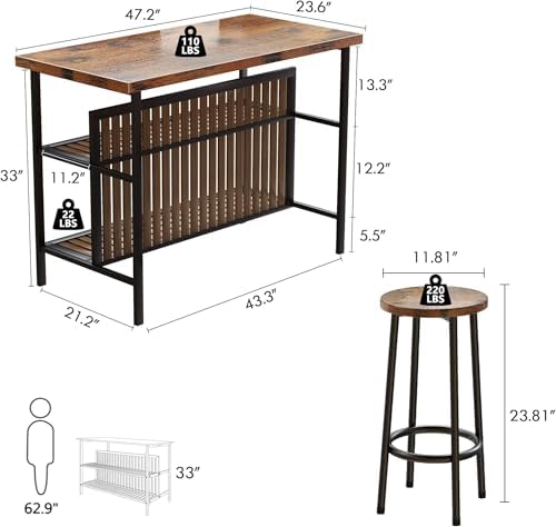 Kitchen Island with Seating & Storage, Bar Table and Chair Set Rustic Brown