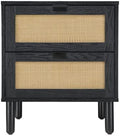 Sango Orre 2-Drawer Nightstand, Modern Black Bedside Table with Synthetic Rattan Drawer Panels, Cylindrical Wood Legs, Discreet Finger Pulls, Smart Storage for Living Room or Office Room