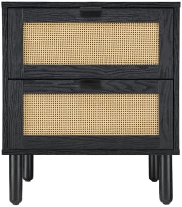 Sango Orre 2-Drawer Nightstand, Modern Black Bedside Table with Synthetic Rattan Drawer Panels, Cylindrical Wood Legs, Discreet Finger Pulls, Smart Storage for Living Room or Office Room