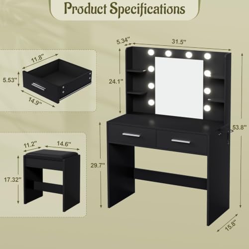 YESHOMY Vanity Desk with Mirror, Makeup Table, Pure Black | 2 Large Drawers, ...