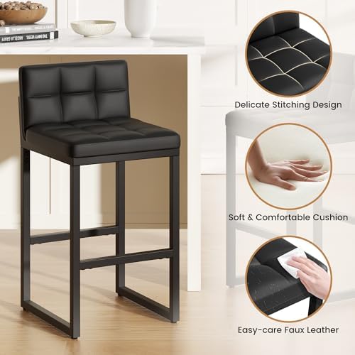 Bar Stools Set of 2, Modern Counter Height Bar Stools, Black | 24" Faux ...