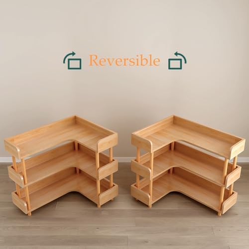 OSCHF 3-Tier Reversible Corner Bookshelf, L-Shaped Shelf, Oak