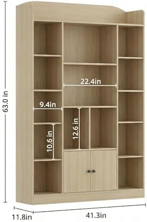 DIYART 63" Tall Oak Bookshelf with 14 Cubbies & 2 Cabinets, 5-Tier L...