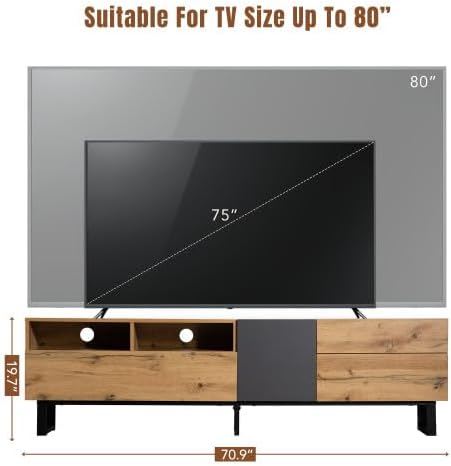 Bellemave TV Stand for TVs up to 80", Modern Entertainment Center with Cabinets, Drawers & Open Shelves, Wooden Media Console with Storage for Living Room, Bedroom & Home Theatre (Wood Grain)