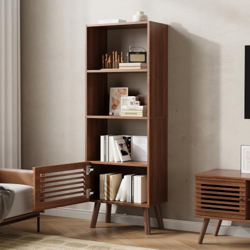 Furnify 4-Tier Narrow Bookcase with Open Shelf and Slatted Door, Walnut