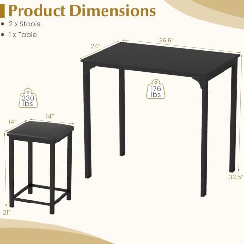GIANTEX 3-Piece Dining Table Set for 2, Upholstered Stools (Black)