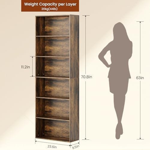 GRUSIGN 71" Tall 6-Tier Bookshelf, Large Open Display Bookcase with Ampl...