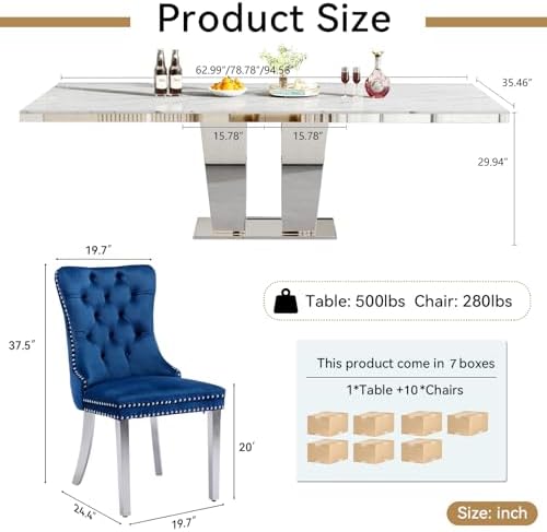 94.5" Faux Marble Dining Table Set for 10, Modern White Extendable Kitch...
